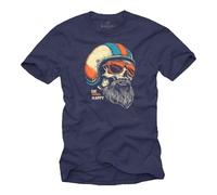 MAKAYA Camiseta Hombre Moto - Calavera con Barba y Casco diseño Biker Retro - algodón 100% Vintage para Fans de Motocicletas y Rock - Regalo para Chicos Hombres y niños Moteros Azul L