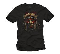 MAKAYA Camiseta Indio Hombre Jefe Diseño Indígena Guerrero Nativo Americano Plumas T-Shirt Negro L