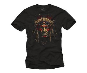 MAKAYA Camiseta Indio Hombre Jefe Diseño Indígena Guerrero Nativo Americano Plumas T-Shirt Negro L