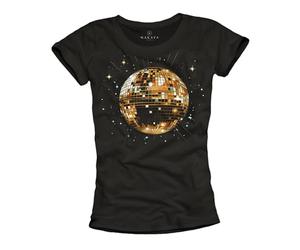 MAKAYA Camiseta Mujer Bola Discoteca Disco T-Shirt Negra Manga Corta Top Verano L