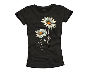 MAKAYA Camiseta Mujer Floral Estampada Flores Margarita Mensaje Positivo Casual Top de Verno Girasol Negra Talla L