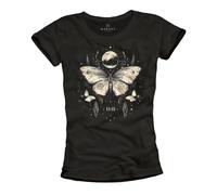 MAKAYA Camiseta para Mujer con Mariposas 11:11 Diseño Verano Top Manga Corta 100% Algodón Motivo Lunar T-Shirt Negro XL