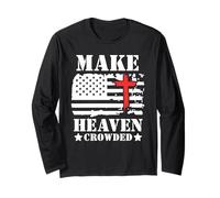 Make Heaven Crowded Christian Cross American Flag Patriotic Manga Larga