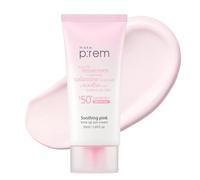 MAKE P:REM Protector solar calmante rosa tonificante, cuidado solar mineral para piel deshidratada, fórmula ligera y no grasosa, corrección del tono de la piel, protector solar coreano, SPF 50, 1.69