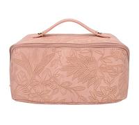 Make Up Cosmetic Bag PU Leather, Large Capacity Makeup Bag with 180 Degree Opening and Multi Functional Divider, Flat Waterproof Cosmetic Organizer for Travel Home Use Pink