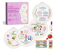 MAKEASY Juego de Bordado, Kit de 4 Iniciación de Bordado, Marco de Bordado de Bambú, Herramientas de Punto de Cruz para Adultos Principiantes