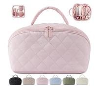 Makeup Bag for Woman, Expandable Makeup Bag, Travel Makeup Bags for Woman Fashion, Pouch Open Flat Small Toiletry Bags, with Handle Brush Compartment, 6 Color (Pink)