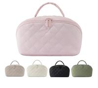 Makeup Bag for Woman, Wide Open Lay-Flat Cosmetic Case, Travel Toiletry Bag for Toiletries & Brushes Large Capacity with Compartments (Pink)