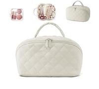 Makeup Bag for Women, 180° Lay-Flat Large Puffy Makeup Organizer, Water-Resistant Festivalment Cosmetic Case with Handle Brush Compartment (White)