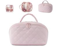 Makeup Bag for Women, 180° Lay-Flat Large Puffy Makeup Organizer, Water-Resistant Festivalment Cosmetic Case with Handle Brush Compartment (Pink)