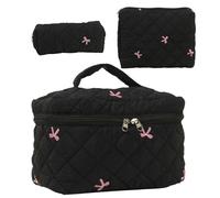 Makeup Bag Set, Large Capacity Pouch, Toiletry Pouch Set, Quilted Cosmetic Bag, Large Capacity Toiletry Pouch Set, Including 3 Cotton Makeup Bags Designed For Womens Travel And Organization, Negro ,