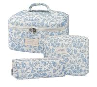Makeup Bag - Toiletry Bags for Women | Cosmetic Bags | Floral Makeup Bag, 3X Cotton Quilted Makeup Bag, Cute Blue Floral Print, Makeup Pouch, Bolsa de maquillaje floral para mujeres, Travel Toiletry