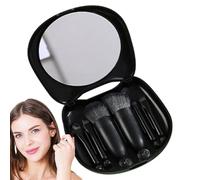 Makeup Brush Kit, 6 Pieces Makeup Tool, Portable Cosmetic Supply with Mirror, Black, Cat Shape Storage Box, for Travel, Business Trip, Outdoor, Commuting, Daily Use