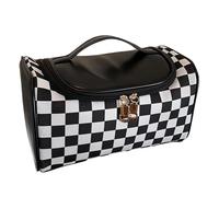 Makeup Organizer Bag, Waterproof Makeup Pouch, Checkboard Plaid Bag, Zipper Cosmetic Pouch Makeup Storage Organizer PU Leather Pouch Cosmetic Bag Handle Powder Brush Holder, Negro , Se référer au