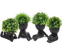 MAKHOT 4 mini plantas suculentas artificiales con macetas creativas con forma humana, pequeñas plantas falsas para decoración de mesa de escritorio (negro)