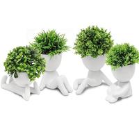 MAKHOT Paquete de 4 plantas suculentas artificiales creativas en macetas de cerámica con forma humana, lindas suculentas sintéticas para habitación, baño, hogar, oficina, escritorio, decoración