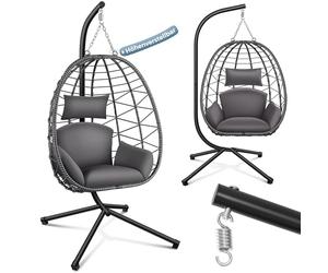 Makika Silla Colgante con Estructura de Acero Cojines para Interior y Exterior - Columpio de Jardín Ratán Cojín Grande Peso Altura Ajustable - Sala de Estar, Balcón, Terraza en Gris