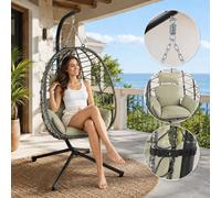 Makika Silla Colgante con Estructura de Acero Cojines para Interior y Exterior - Columpio de Jardín Ratán Cojín Grande Peso Altura Ajustable - Sala de Estar, Balcón, Terraza en Verde/Gris