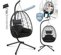 Makika Silla Colgante con Estructura de Acero Cojines para Interior y Exterior - Columpio de Jardín Ratán Cojín Grande Peso Altura Ajustable - Sala de Estar, Balcón, Terraza en Negro