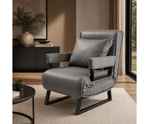 Makika Sillón Sofá Cama Rio 4en1 PU Plegable Con Reposabrazos - Respaldo Ajustable - Almohada Incluida - Hasta 200 kg - Tumbona Reclinable Relax en Gris