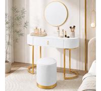 Makika Tocador Maquillaje con Taburete y Espejo Mesa de Maquillaje - Cosmética Marco Dorado Organizador - Rústico Mesa Acolchado Estilo Depósito 1 Cajón Muebles Dormitorio Vestidor Escritorio - Jolie
