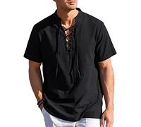 MakingDa Camisa casual de manga corta con cordones para hombre, cuello de banda de algodón, camisa Henley para playa, Negro, L
