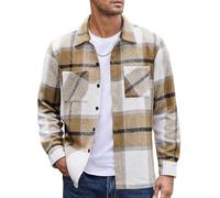 MakingDa Camisa de franela para hombre de manga larga, camisa cálida y gruesa a cuadros con botones, camisa casual de invierno a cuadros con bolsillos, caqui, L