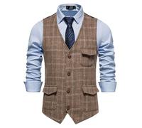 MakingDa Chaleco a cuadros para hombre, formal, sin mangas, cuello en V, a cuadros, de tweed, de negocios, casual, con bolsillo, café, XL