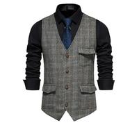 MakingDa Chaleco a cuadros para hombre, formal, sin mangas, cuello en V, a cuadros, de tweed, de negocios, casual, con bolsillo, gris, XL