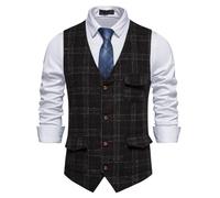 MakingDa Chaleco a cuadros para hombre, formal, sin mangas, cuello en V, a cuadros, de tweed, de negocios, casual, con bolsillo, Negro, L