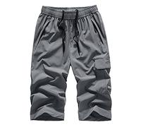 MakingDa Pantalones cortos de 3/4 de longitud para hombre, por debajo de la rodilla, pantalones cortos largos de tres cuartos con bolsillo con cremallera, gris, 3XL