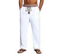 MakingDa Pantalones de lino para hombre con cintura impresa, ajuste regular, pantalones casuales para vacaciones, blanco, 3XL