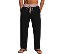 MakingDa Pantalones de lino para hombre con cintura impresa, ajuste regular, pantalones casuales para vacaciones, Negro, 3XL