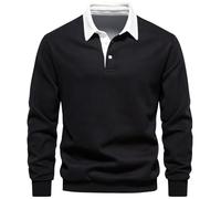 MakingDa Sudaderas Hombres sin Capucha Polo Cuello Manga Larga Pullover Sweatshirt Invierno Cálidos Basica Sudadera Color Puro Termica Jersey Casual Trabajo Básico Pull-Over Camisa Negro M