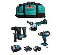 MAKITA Kit MK301 (Taladro Atornillador DDF482 + Martillo DHR171 + Mini-Amoladora DGA504 + 2 Baterías de 5,0 Ah + Cargador + LXT600)