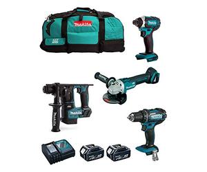 MAKITA Kit MK401 (Taladro Atornillador DDF482 + Martillo DHR171 + Mini-Amoladora DGA504 + Atornillador de Impacto DTD152 + 2 Baterías de 5,0 Ah + Cargador + LXT600)