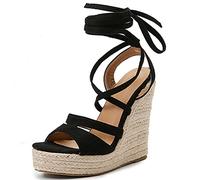 Makmeoyw Mujer's Espadrilles Plataforma Heel Sandalias Cross-tied Wedge Heel Sandalias Black Strappy Heels para mujer Cordones Heels Dress Zapatos Size 40