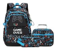 Makukke Juego de mochila escolar para adolescentes y niños, mochilas escolares con fiambrera y estuche, regalos geniales para escuela primaria y secundaria, Juego de mochila escolar para gamer-01
