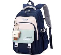 Makukke Mochila escolar para adolescentes, mochila escolar para niñas de 5ª clase, 30 L, espacio de almacenamiento, mochila escolar, impermeable, mochila escolar informal con bonito colgante, azul, L