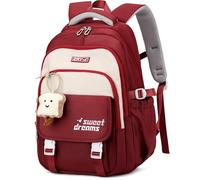 Makukke Mochila escolar para adolescentes, mochila escolar para niñas de 5ª clase, 30 L, espacio de almacenamiento, mochila escolar, impermeable, mochila escolar informal con bonito colgante, rojo