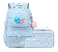 Makukke Mochila escolar para niñas, juego de 3 piezas con bolsa de almuerzo y estuche para lápices, bonita mochila escolar para adolescentes de secundaria y secundaria, Azul fresa, Large, Mochilas de