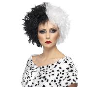 Mal Madame Cruella Peluca Blanco y Negro Disfraz Mujer Accesorio Nuevo