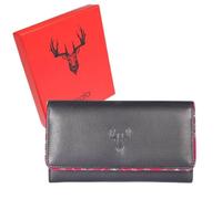 Mala Leather Braemar - Monedero Matinee con solapa de ciervo con protección RFID, piel auténtica suave, en caja de regalo, ribete de tartán y diseño inspirado en el campo, azul marino o negro, 19 x 10