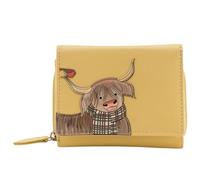 Mala Leather Callum The Highland Cow & Robin Bird - Cartera mediana de piel auténtica RFID con bolsillo para monedas con cremallera, Amarillo, L, Contemporáneo
