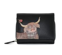 Mala Leather Callum The Highland Cow & Robin Bird - Cartera mediana de piel auténtica RFID con bolsillo para monedas con cremallera, Black, L, Contemporáneo