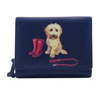 Mala Leather Coco's Walk - Cartera triple plegable para mujer - Cartera de piel azul marino con apliques de perro maltipoo RFID con cremallera para monedas, ranuras para tarjetas y ventana de