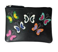 Mala Leather Juno - Monedero pequeño de piel auténtica con cremallera y aplicaciones de mariposa, protección RFID, ranura para tarjetas y llavero, 12 x 9 x 1 cm, diseño de mariposas (negro)