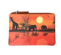Mala Leather Savanna Safari - Monedero de piel auténtica con cremallera superior con apliques de elefantes y jirafas, pequeño monedero para monedas y tarjetas, 12,5 x 8,5 cm, Sabana, 12.5 x 8 cm