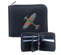 Mala Leather Spitfire - Cartera de piel auténtica pintada a mano con diseño Spitfire en relieve, protección RFID, bolsillo para monedas, ventana de identificación, regalo de aviación