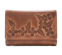 Mala Leather Wild Bloom - Monedero clásico de cuero marrón floral triple con protección RFID, piel auténtica, 6 ranuras para tarjetas, ventana de identificación, bolsillos para billetes y monedas con